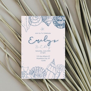 May include: A light blue and white seashell themed birthday invitation for Emily's birthday party. The invitation includes the date, time, and address of the party.