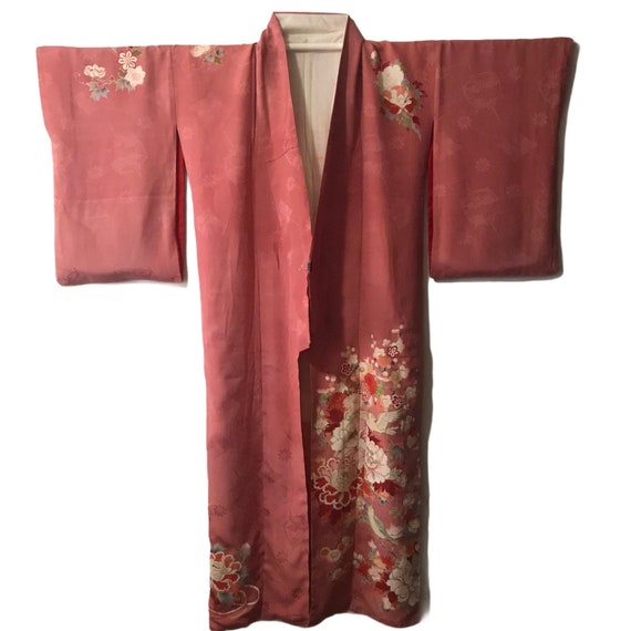 Vintage Japanese Silk Kimono Floral & Bird in cora