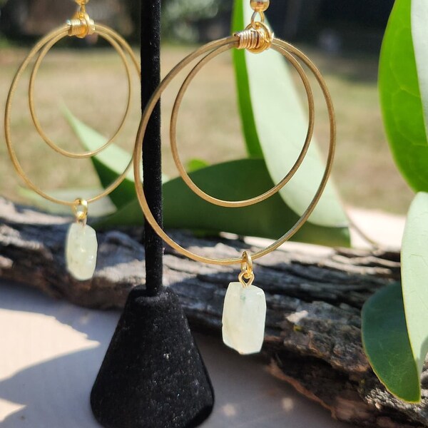 Prehnite Brass double hoop dangle earrings