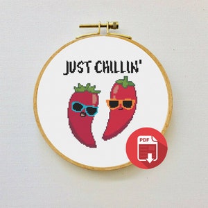 Just Chillin&#39; (Chili Pun) Cross Stitch Pattern (PDF) Food Pun Cross Stitch Pattern