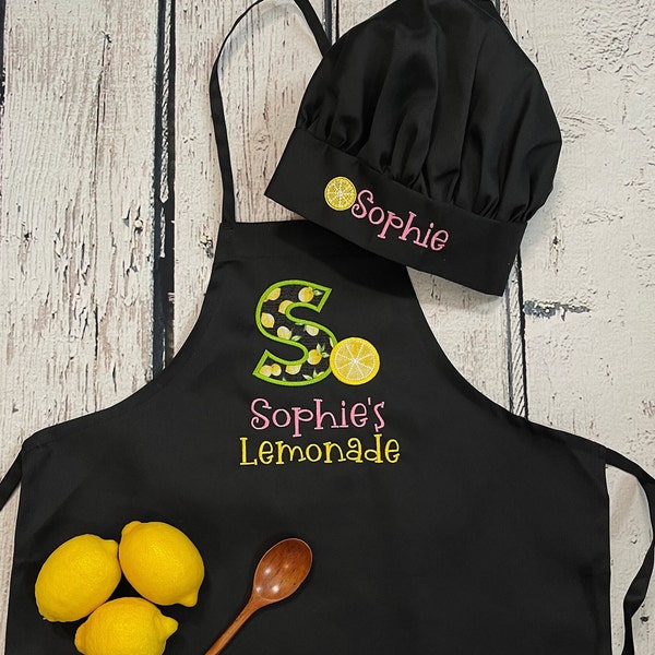 Kids Personalized Lemonade Stand Apron with pockets, gift for boys or girls, optional chef hat available