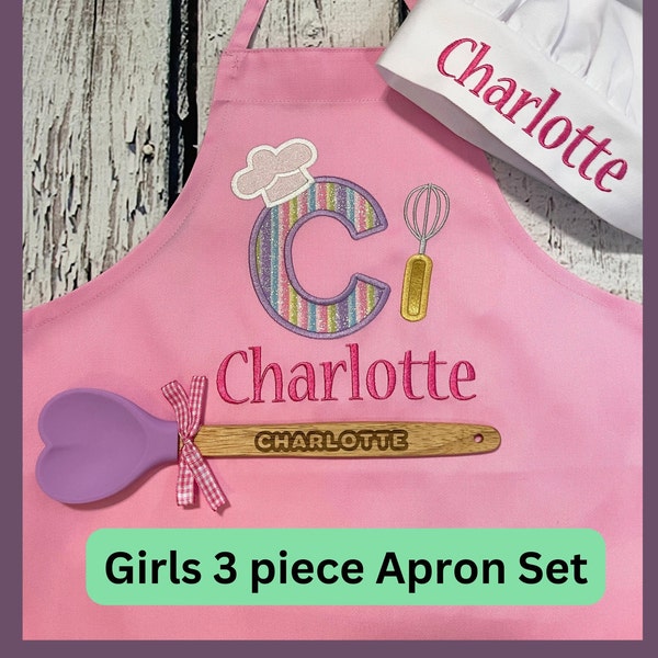 Girls personalized 3 piece apron set with pockets, Matching name on all. Embroidered with glitter fabric Initial, little chef apron set