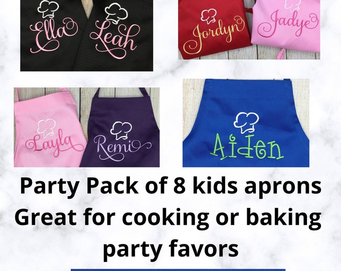 Party pack of 8 personalized embroidered kids aprons with pockets, initial and name, kids cooking or baking party gifts favors for guests