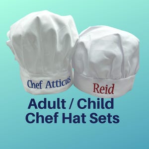 Personalized Adult & Child chef hat set, one each adult and child white chef hats embroidered with names