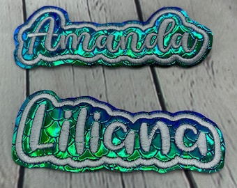 Embroidered Green - Blue Mermaid Holographic Name Patch, sew/glue on or peel & stick name badge, hat patch, backpack patch, school bag patch