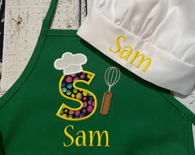 Boys or Girls personalized embroidered apron with pockets, name and large initial, kids cooking and baking apron, great child gift