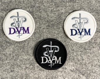 One custom veterinarian patch embroidered w credentials, 2.5" round, vet staff patch, scrubs or lab coat patch, black or white