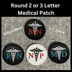May include: Four embroidered medical patches with a caduceus symbol and letters. The patches are 2.5 inches in diameter and are available in black, white, and blue.