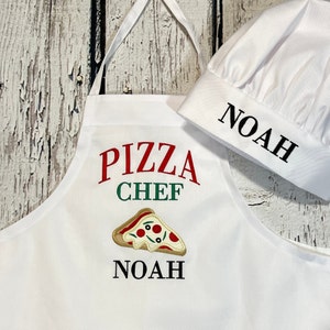 Kids pizza chef apron with pockets done in beautiful embroidery, child pizza making apron, personalized with name, can add optional chef hat