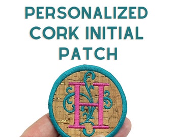 Embroidered Cork Initial Patch, monogram, Personalize items for gifts, iron or stick on patch, backpack patch, hat patch, zipper pouch patch