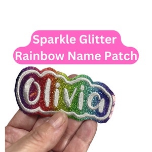 Embroidered Glitter Rainbow Vinyl Name Patch, personalized kids  name patch, sew/ glue on or peel and stick patch, backpack  school patch