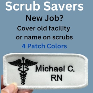 May include: White rectangular name tag with a black embroidered medical symbol, the text "Michael C. RN" and a white stitched border.