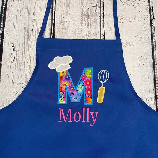 Adult or teen personalized embroidered apron with pockets and floral print applique initial with optional name