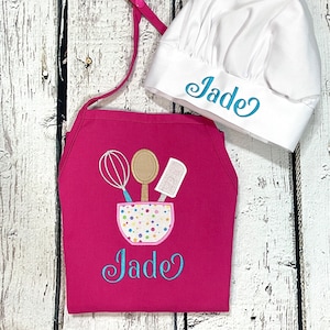 Kids personalized embroidered apron with pockets and optional chef hat
