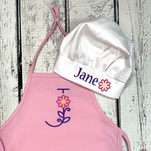 Personalized embroidered kids apron with optional chef hat and Large Initial, floral cooking  baking apron with pockets & initial for girls