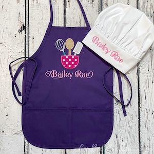 Kids personalized embroidered apron with pockets and optional chef hat