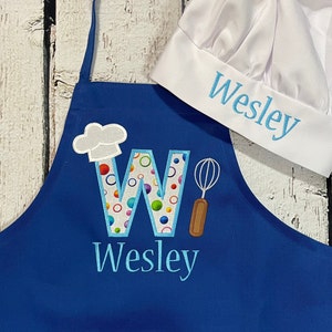 Boys or Girls personalized embroidered apron w pockets, name w large initial, kids cooking baking apron, 3 sizes fit 3-12, optional chef hat
