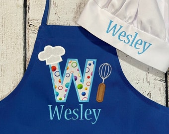 Boys or Girls personalized embroidered apron w pockets, name w large initial, kids cooking baking apron, 3 sizes fit 3-12, optional chef hat
