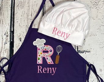 Kids personalized embroidered apron w pockets, name w large initial, child cooking baking apron, 3 sizes fit 3-12, optional chef hat