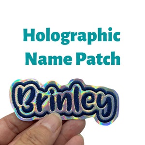 Embroidered Holographic Name Patch, iridescent name badge, choose sew on or peel & stick, hat patch, backpack patch, school name patch