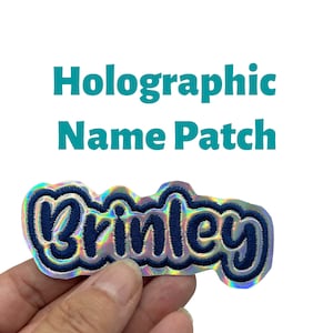 Embroidered Holographic Name Patch, iridescent name badge, choose sew on or peel & stick, hat patch, backpack patch, school name patch