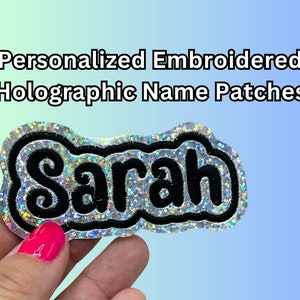 Embroidered Holographic Smooth Glitter Name Patch, sew on or peel & stick, hat patch, backpack patch