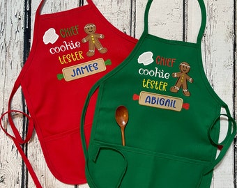 Kids Christmas apron with pockets & optional chef hat for personalized gift, Christmas baking apron, chief cookie tester child apron w name