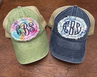 Personalized raggy patch hat, your choice hat color, patch fabric and monogram style.