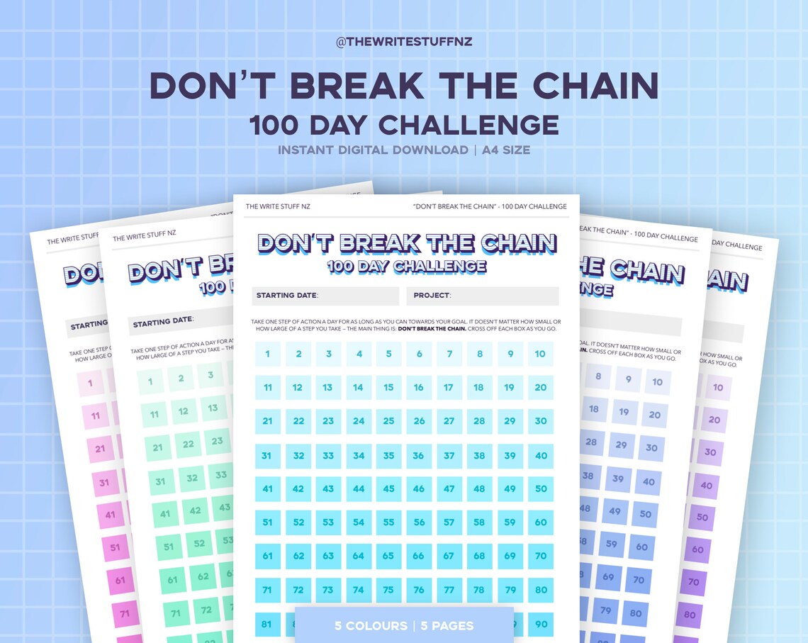 Don't Break the Chain Productivity Tracker 100 Day Challenge Planner