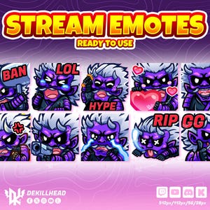 Può includere: Una collezione di emote di personaggi demoniaci viola con varie espressioni e fumetti. Le emote includono frasi come "BAN", "LOL", "HYPE", "HI!", "RIP" e "GG". Le parole "STREAM EMOTES" e "READY TO USE" sono in alto.