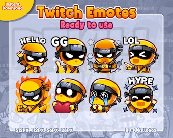 8 Emotes The Yellow Ninja, Hello, GG, Jutsu, LOL, Rage, Love, Crying, Hype for Twitch, Discord or Youtube