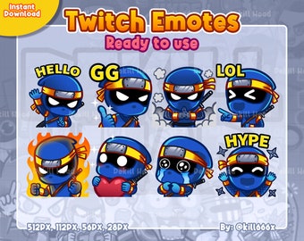 8 Emotes The Blue Ninja, Hello, GG, Jutsu, LOL, Rage, Love, Crying, Hype for Twitch, Discord or Youtube
