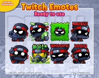8 gestos: Acción Ninja Negra II, Pistola, Dinero, Escondite, Amable, Mejor, Tóxico, Ups, 200 IQ para Twitch, Discord o YouTube.