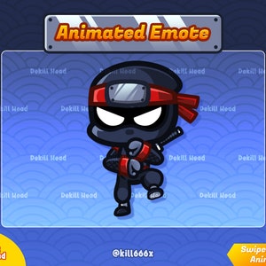 May include: Animated emote of a black ninja with a red headband and a white mask. The ninja is holding a sword and is in a fighting stance. The background is a blue and white pattern.