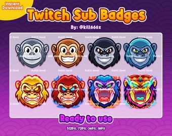 May include: Eight colorful Twitch sub badges featuring different cartoon monkey faces with various expressions. The badges are designed in a variety of colors, including red, blue, yellow, green, and purple. The text "Twitch Sub Badges" is displayed at the top of the image, and the text "Ready to use" is displayed at the bottom of the image.