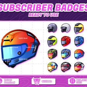 Pode incluir: Um conjunto de 12 emblemas de assinante em forma de capacete para Twitch ou YouTube. Os emblemas são de várias cores, incluindo vermelho, azul, amarelo, verde e preto. Os emblemas estão prontos para usar e podem ser baixados instantaneamente.