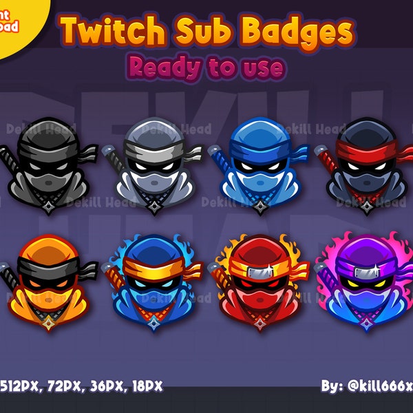 8 sous-badges | Insignes de tête de ninja | shuriken | Bandeau | Samouraï | Démon | Oni | Japon | Clan Ninja | Badges Twitch