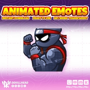 Puede incluir: Emoticón animado de un personaje ninja en pose de lucha. El ninja es azul oscuro con una diadema y muñequeras rojas. El texto "ANIMATED EMOTES" está en la parte superior, con "INSTANT DOWNLOAD READY TO USE GIF/WEBM TRANSPARENT" debajo.