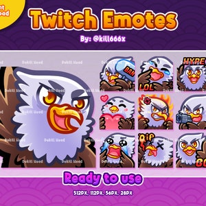 10 emoticones de transmisión: Chibi Eagle / Hola / Ban / LOL / Hype / Love / Angry / Pistol / Crying / RIP / GG