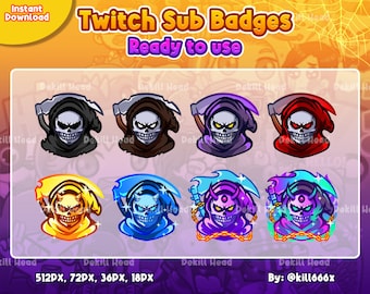 8 Sub Badges Grim Reaper | Horror | Skull | Scary |  Evil | Scythe | Halloween | Subscriber Badges | Stream Badges | Twitch Badges