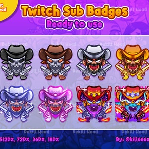May include: Set of eight colorful Twitch sub badges featuring a cowboy character with a skull, beard, and guns. The badges are available in four different sizes: 512px, 72px, 36px, and 18px. The text "Twitch Sub Badges" and "Ready to use" is displayed at the top of the image. The text "By: @kill666x" is displayed at the bottom of the image.