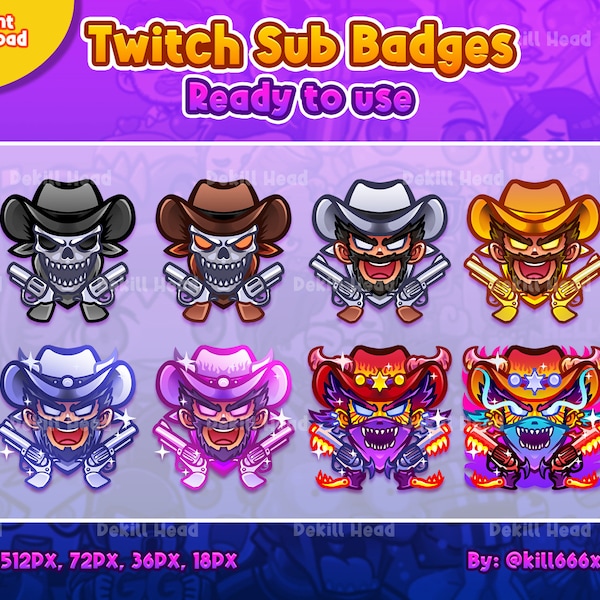 8 Sub Badges | Cowboy | Revolver | Wild West |  | Sheriff | Subscriber Badges | Stream Badges | Twitch Badges