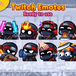 May include: A set of eight animated Twitch emotes featuring a black ninja character with different expressions and actions. The emotes are in various sizes, including 512px, 112px, 56px, and 28px. The emotes are ready to use and are designed by @kill666x.