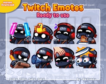 8 Emotes The Black Ninja Funny, Glowstick, Duck, Music, Eat, Write, Loud, Pet, Hit for Twitch, Discord or Youtube
