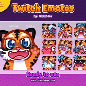May include: A set of 12 Twitch emotes featuring a cartoon tiger with different expressions. The emotes include "BAN", "LOL", "HYPE", "LOVE", "ANGRY", "GUN", "CRY", "RIP", "GG", and "WINK". The emotes are designed in a bright, colorful style and are ready to use.