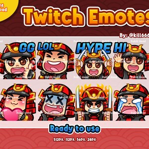 8 Samurai Boy-emotes, GG, LOL, Hype, Hi, Love, RIP, Angry, Cry for Twitch, Discord of Youtube