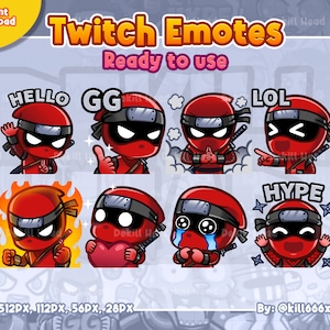 8 emotes The Red Ninja, Hello, GG, Jutsu, LOL, Rage, Love, Crying, Hype voor Twitch, Discord of Youtube