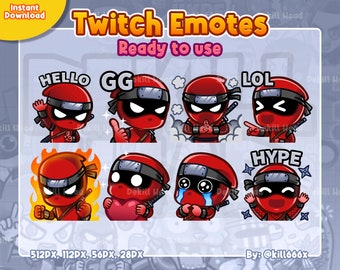 8 Emotes Der rote Ninja, Hello, GG, Jutsu, LOL, Rage, Love, Crying, Hype für Twitch, Discord oder Youtube