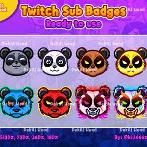 8 insignias de suscripción de Panda / Panda lindo / Panda malvado / Insignias de transmisión / Insignias de Twitch