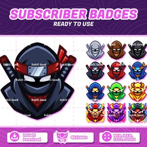 May include: A set of 12 colorful digital subscriber badges featuring a ninja character in various poses and color schemes. The badges are ready to use and come in different sizes, including 18x18, 36x36, 72x72, and 512x512 pixels.